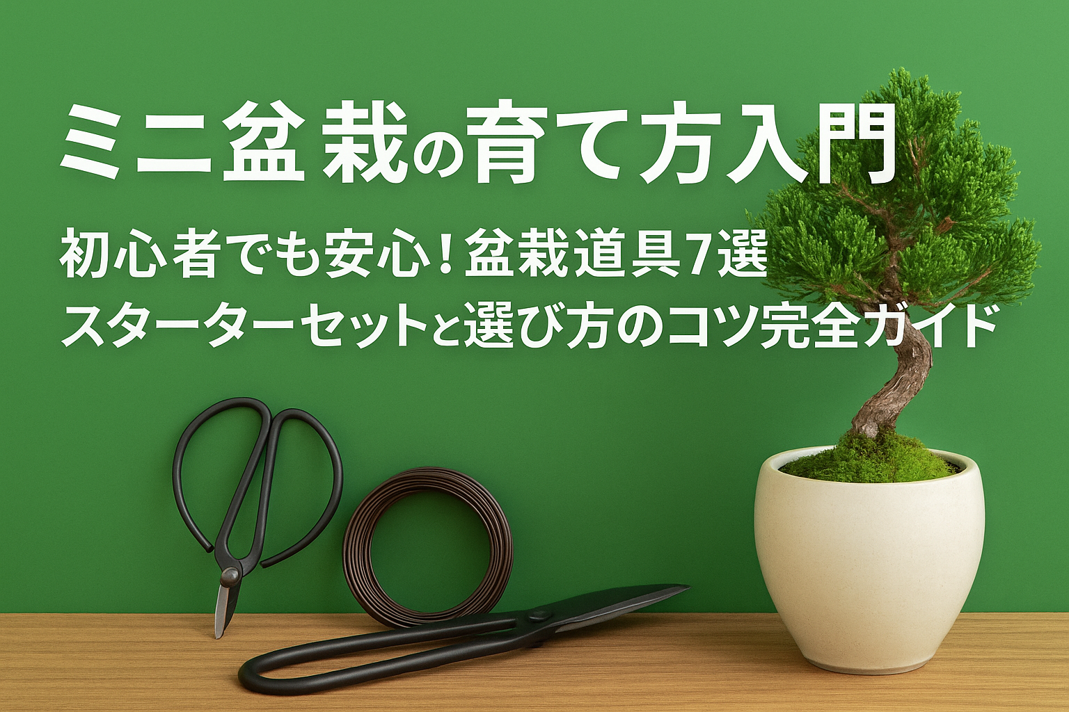 初心者向け盆栽道具ガイド｜剪定ばさみやピンセットが並ぶ和風な背景のアイキャッチ画像