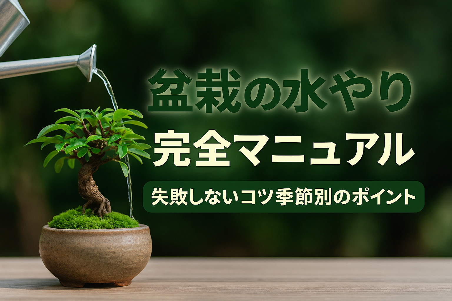 盆栽に水を与える様子と和風の背景にタイトルが映えるアイキャッチ画像