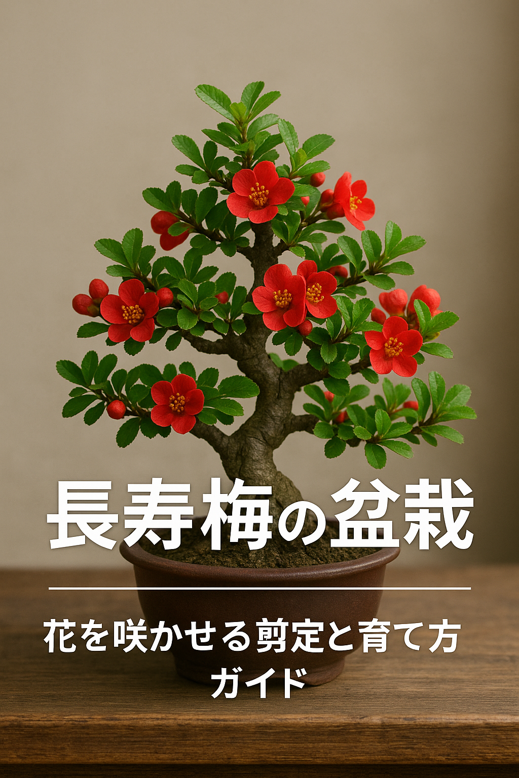 赤茶色の鉢に植えられた長寿梅の盆栽が木製テーブルの上に置かれ、鮮やかな赤い花と光沢のある緑の葉が広がる。「長寿梅の盆栽　花を咲かせる剪定と育て方ガイド」という白い日本語テキストが中央に表示されたアイキャッチ画像。