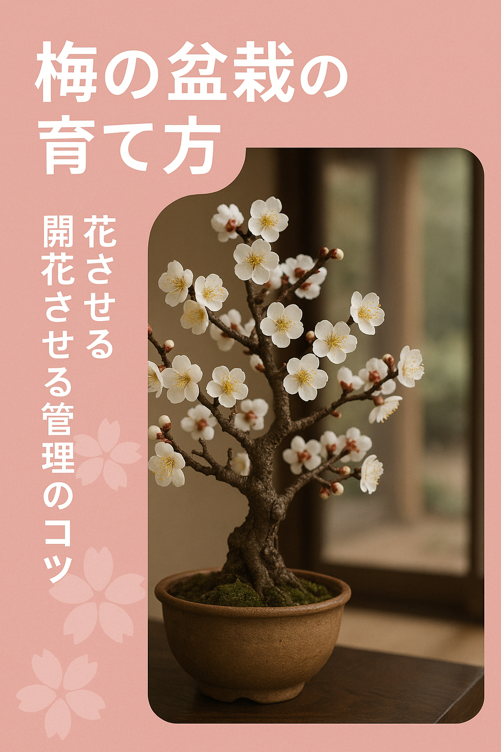 alt="白い花を咲かせた梅の盆栽が、和室の縁側に置かれている美しい光景"