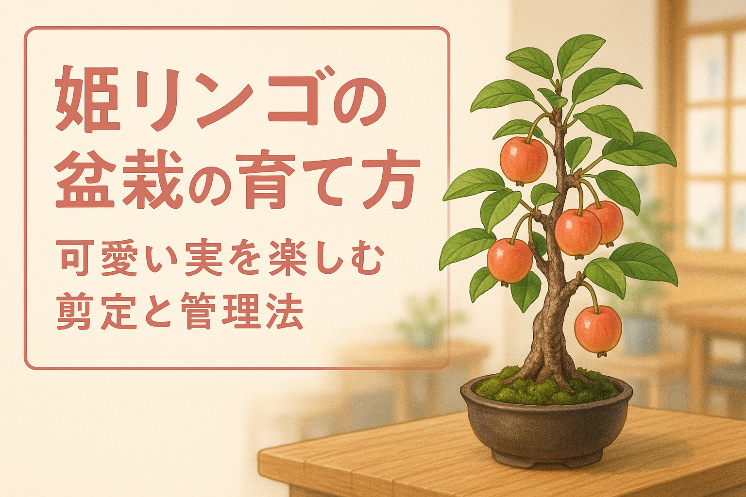 alt="赤く色づいた実をつけた姫リンゴの盆栽が、苔に覆われた鉢に植えられて飾られている"